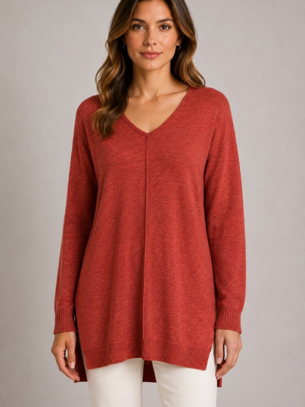 d&co Denim + Company XS Rust Heather V-Neck Tunic Sweater Top Side Slits